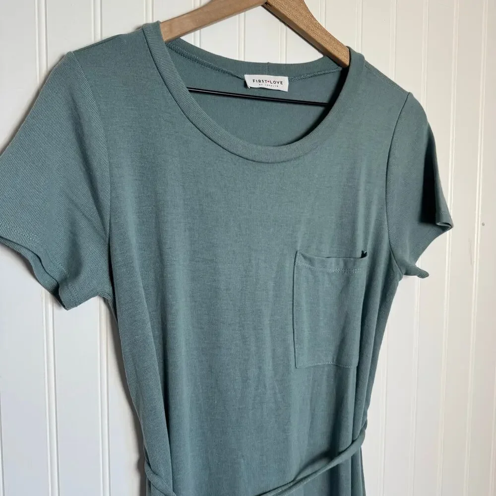 First Love By Lovelyn Midi Belted Tshirt Dress Slit Women’s Size Small - Picture 3 of 8